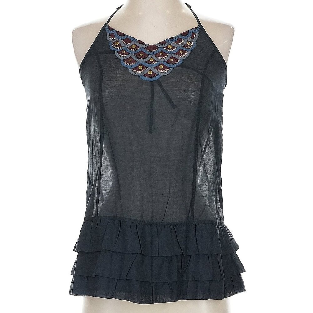 Free People Silk Cotton Sheer Beaded Tank Peacock Made In India Black 2